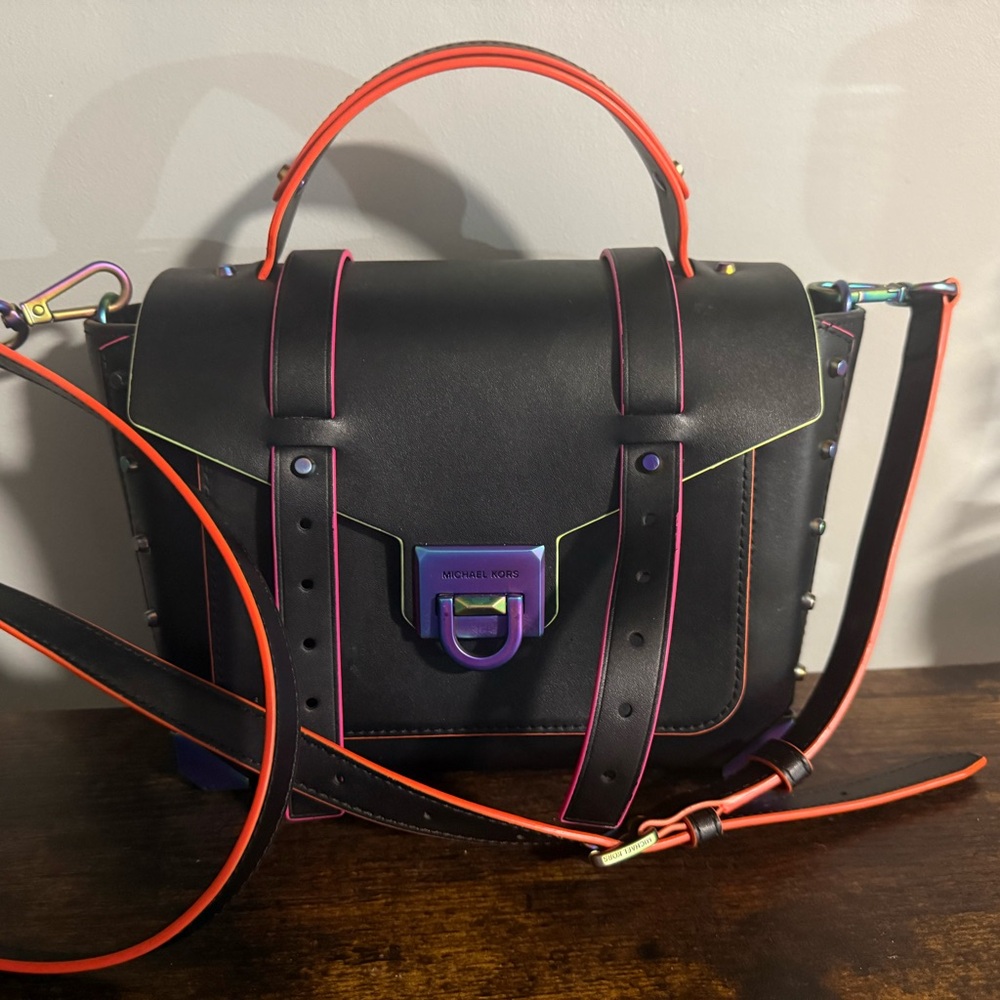 Michael Kors Black Satchel with Purple and Red Accents